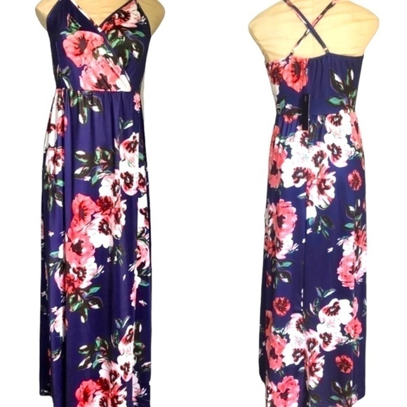 ININ Dresses & Skirts - Boho Navy Blue Floral Maxi Dress Surplice Chest Faux Wrap Spaghetti Strap NWT S